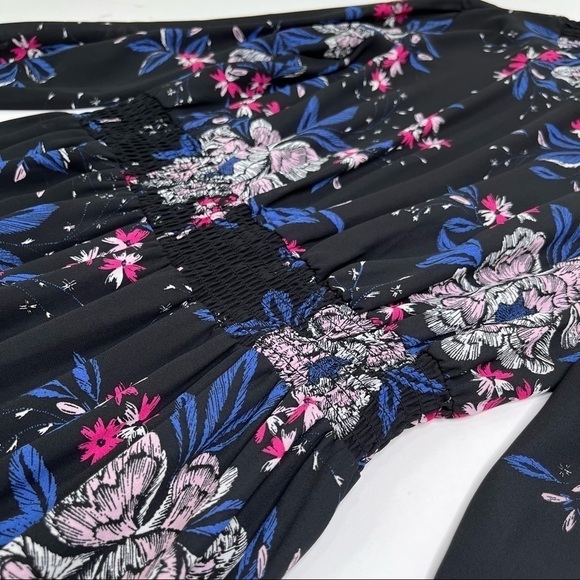 NANETTE LEPORE Black Mystic Blue Floral Smocked Mock Neck Chiffon High-Low Dress - Picture 8 of 16